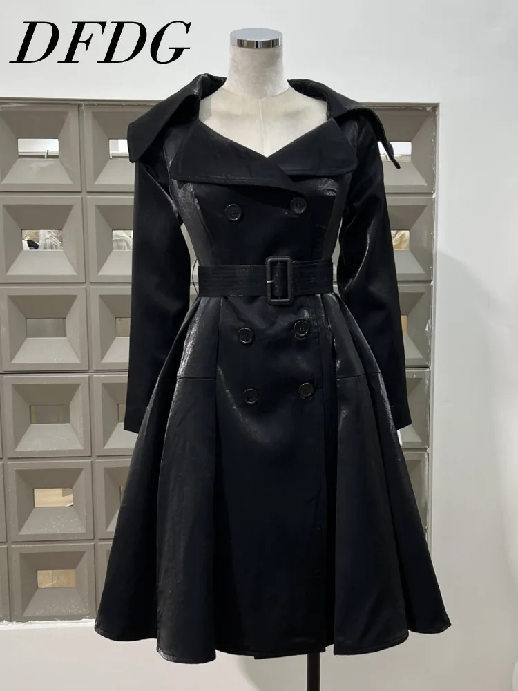 

DFDG 2025 New Women’s Street Double Breasted Shiny Trench Coat Belted Waist Lapel Black Mid-Length Blazer Spring Autumn Coat