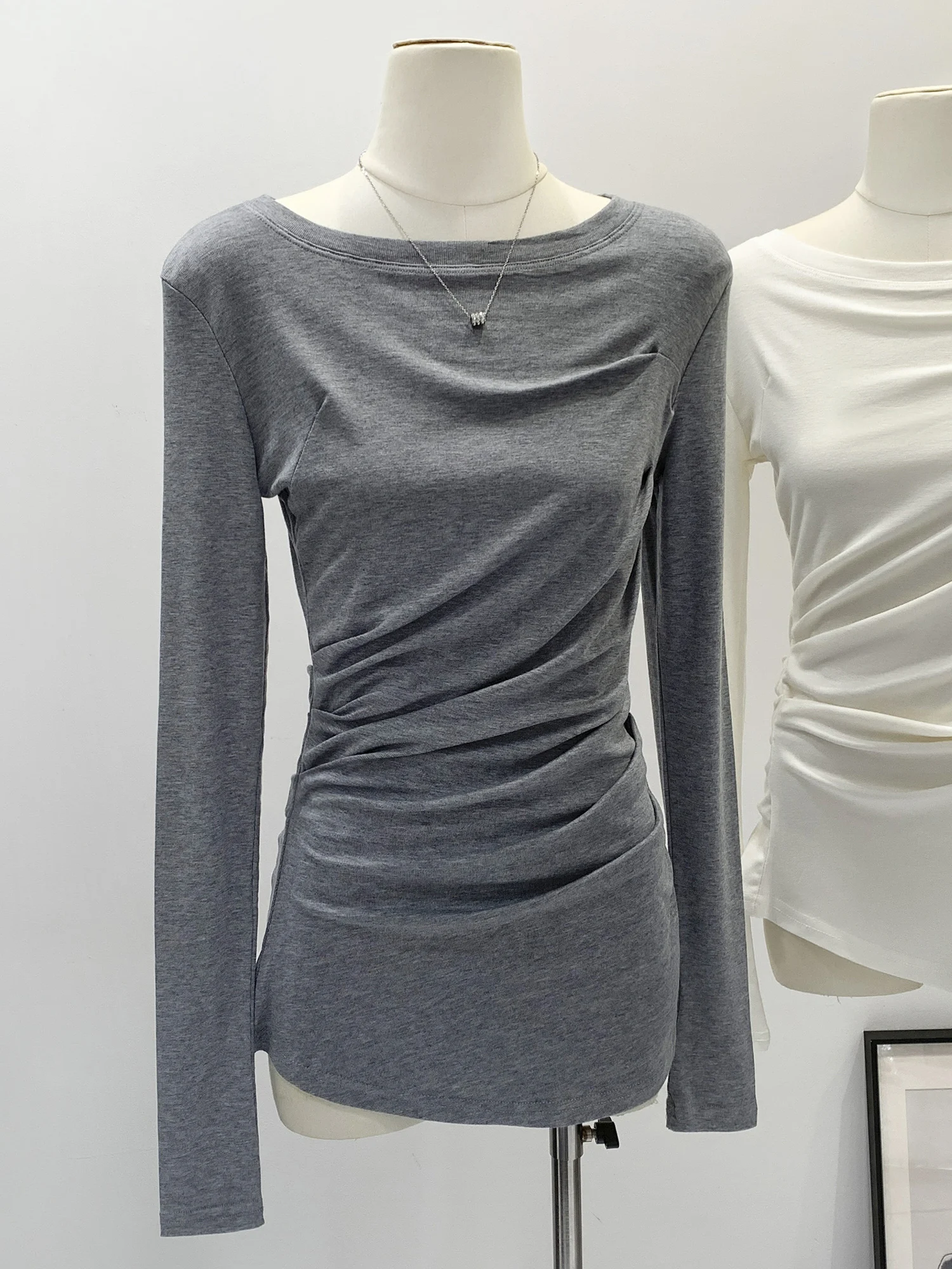 Stylish Women's Long Sleeve Base Shirt Inner Wear Shark Skin Pattern Mid-Length Cover Butt Slim Fit Top Breathable Casual Tee