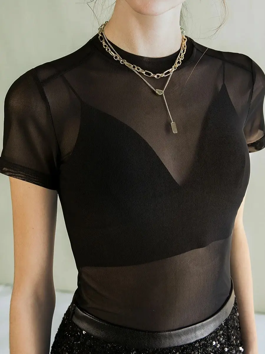 Summer Sheath Mesh T Shirts Women's Summer Transparent High Stretchy Black T shirt Base Tees Girl Basic T-Shirt