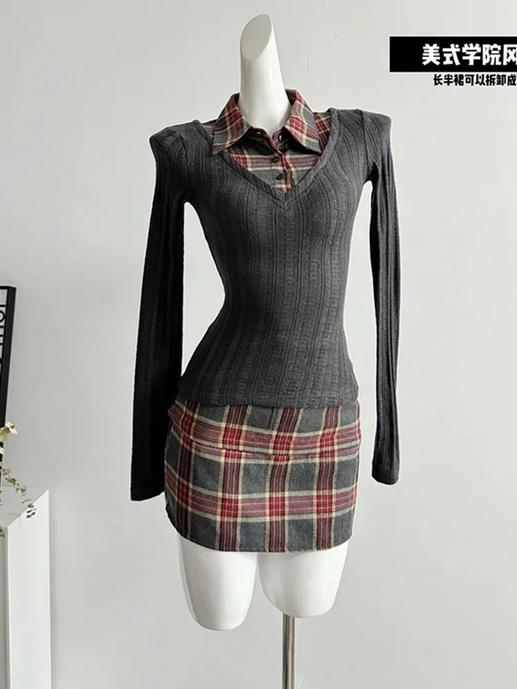 

Korean Preppy Style Outfits Fashion 2 Piece Skirt Set Gyaru Fake Two Pieces Shirts + Hight Waist Plaid A-Line Skirt Classical