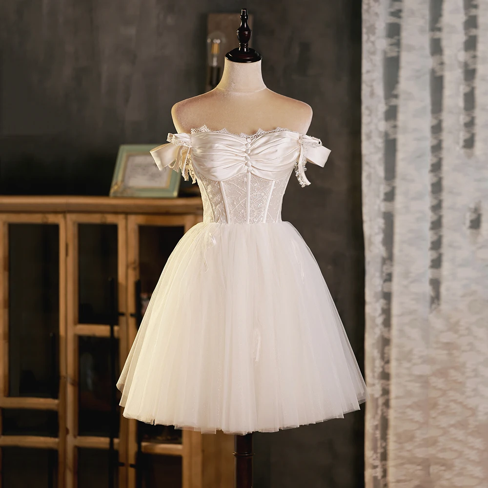 Anxin sh princesa cetim branco e renda barco pescoço babados grande arco zíper festa curto vestido de noite personalizado pequeno vestido branco