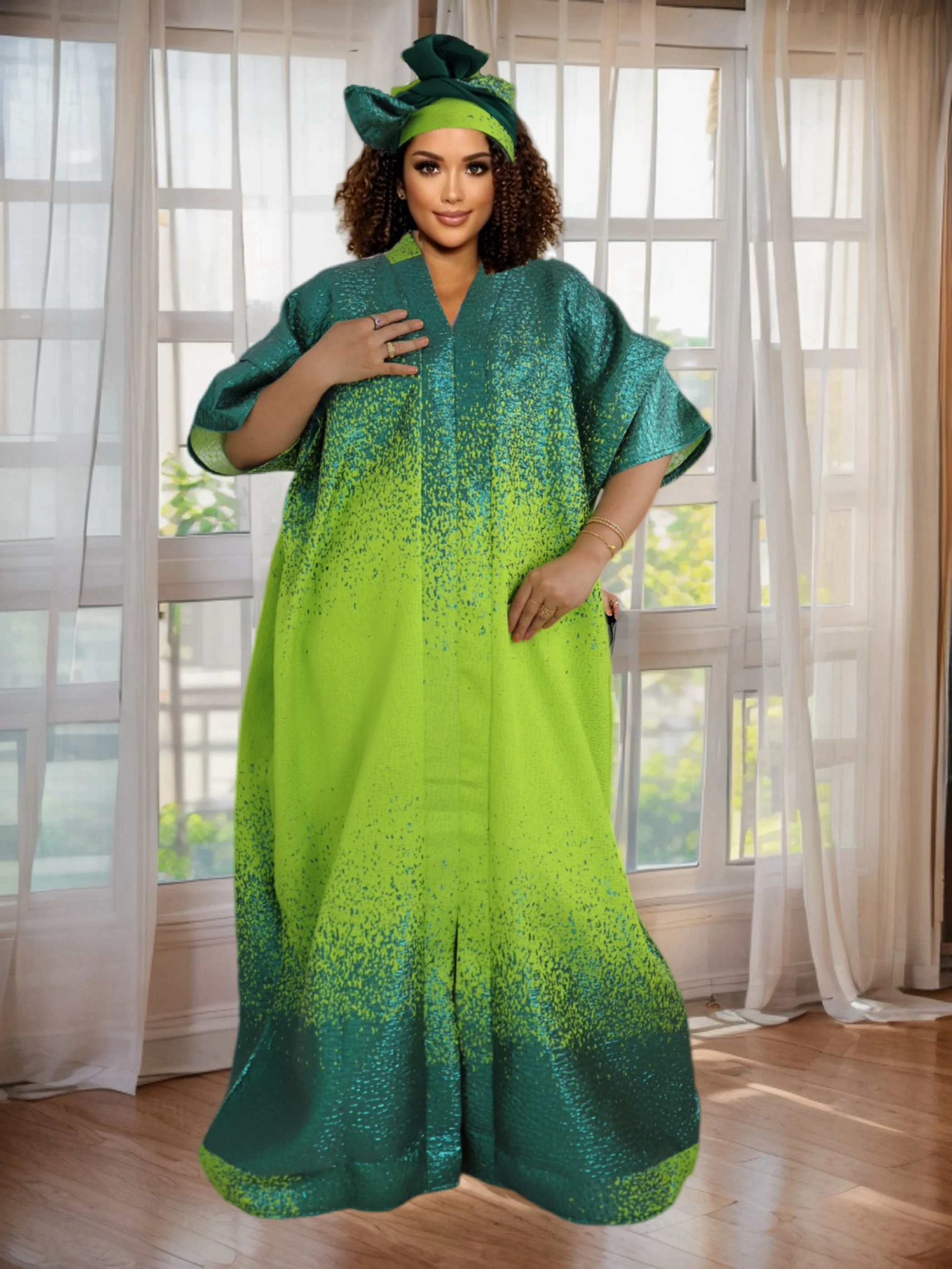 

Elegant Embroidered V-Neck Batwing Sleeve Kaftan Dress - Flowy Random Dashiki Dress with Pullover Design
