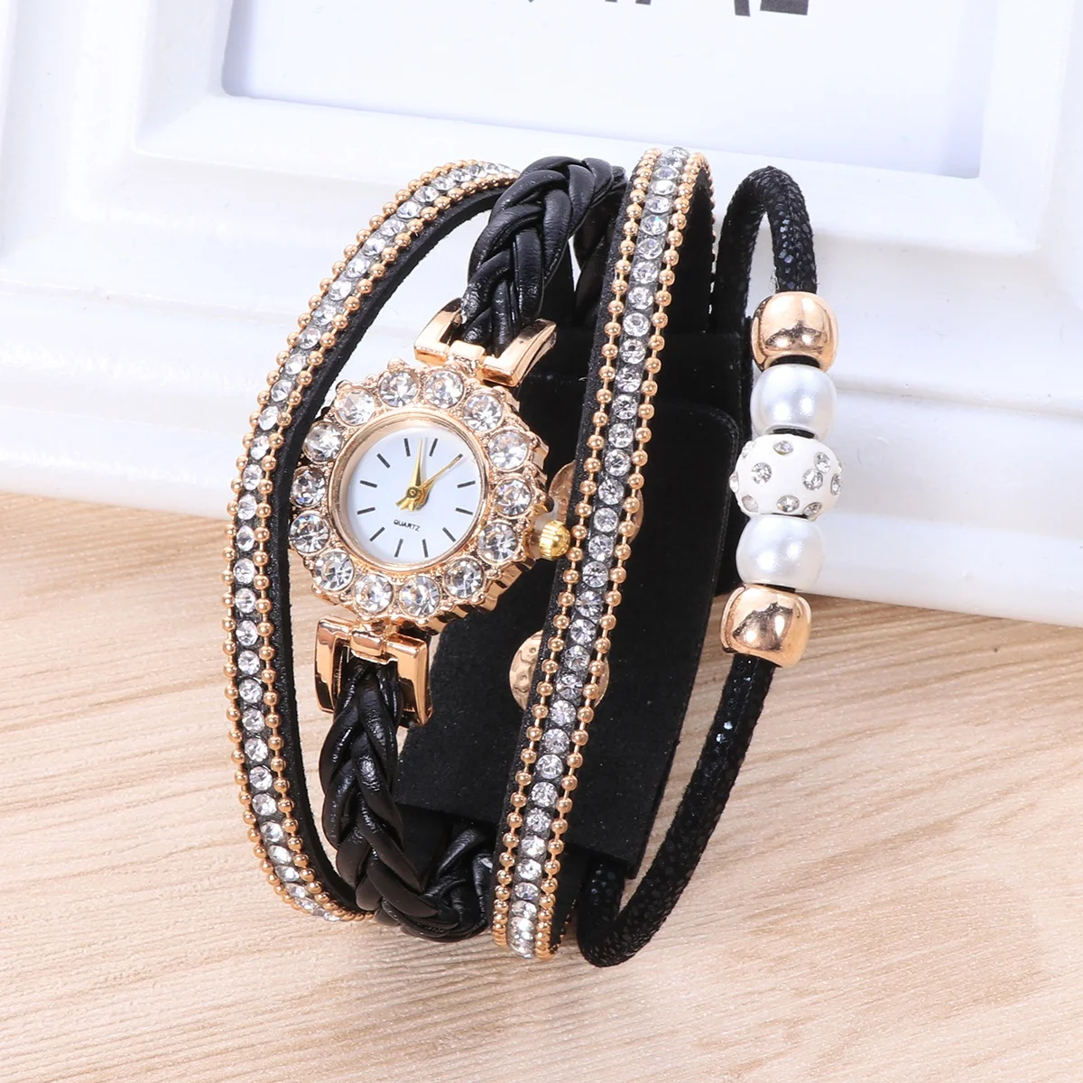 

Studded Pearl Women Quartz Watch Multi-Layer Fashion Bracelet Black Elegant Party Wedding Gift Daily Wear