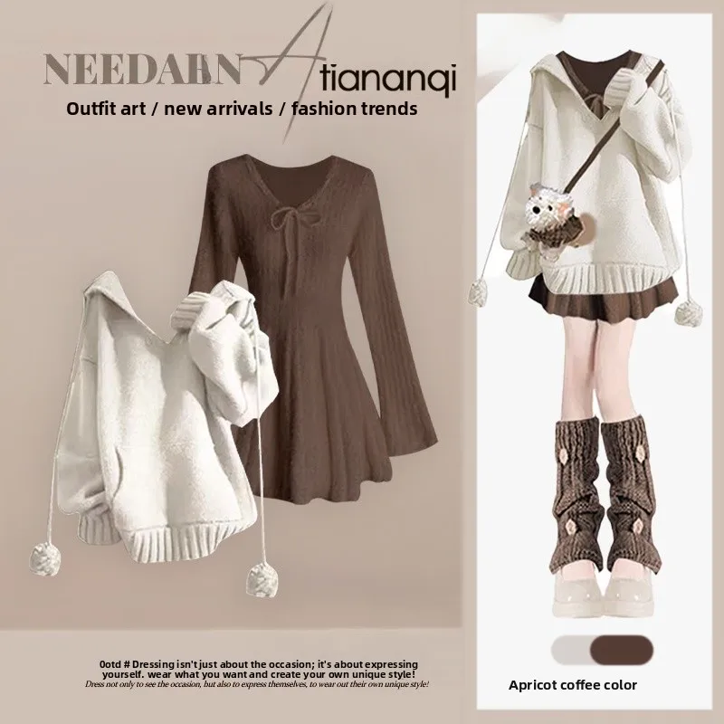 

Anti-Aging Autumn Winter Knitted Sweater Dress Set Women's School Style Hoodie Slimming Waist Design Casual Fashion Ensemble