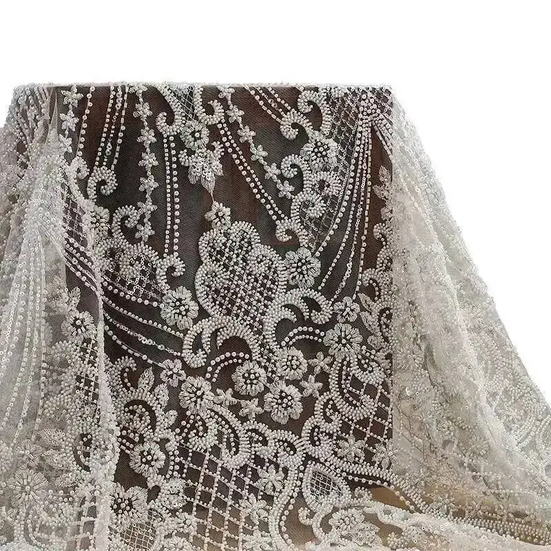 

Lace Pearl Sequin Embroidery Fabric Wedding Dress Stage Wear Pearl Tube Clothe Fabric