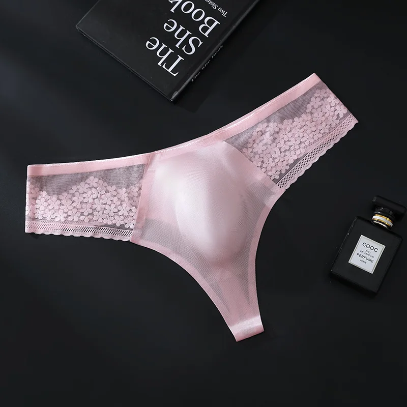 Men's Sexy T-Back Briefs Seamless Crotch Ice Silk Underwear Splice Lace Jacquard Sissy Lingerie Sheer 3d Bulge Pouch Underwear