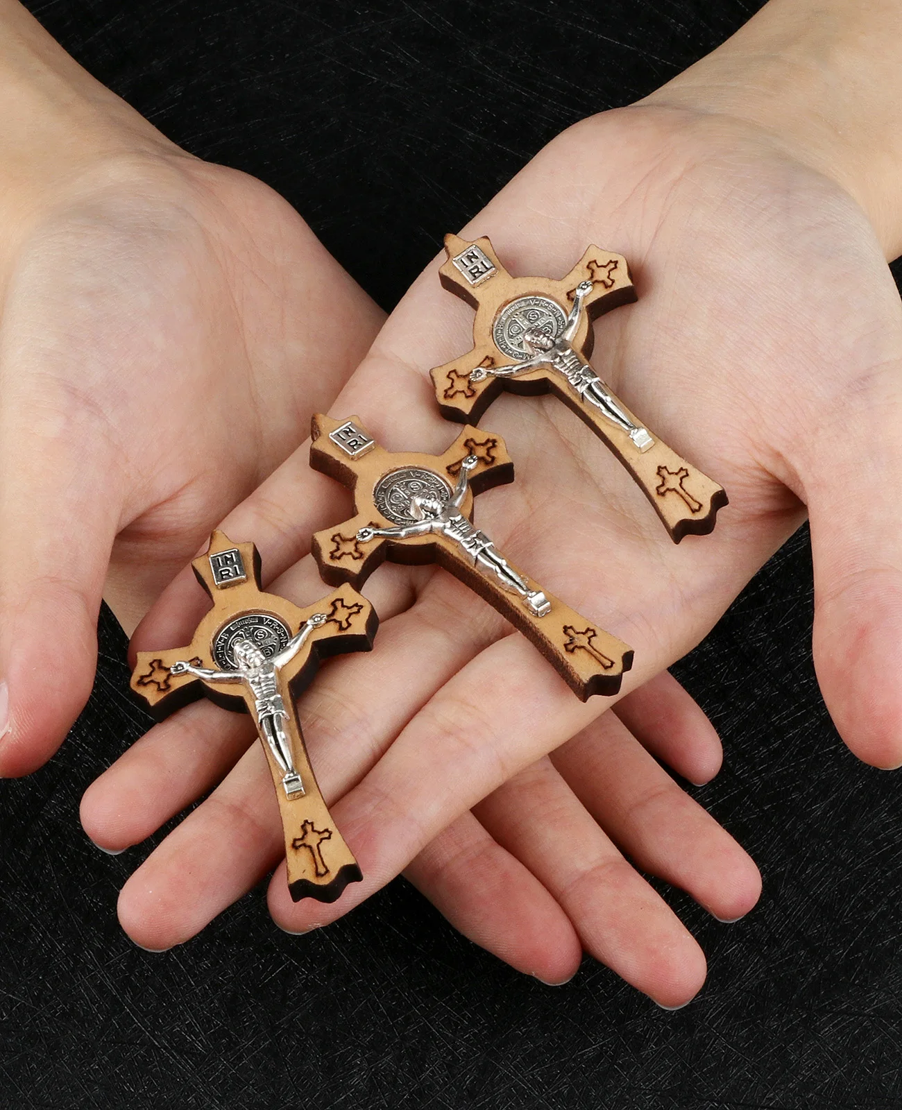 Cottvott 5Pcs DIY Rosary Chaplet Necklace Bracelet Wooden Catholic St.Benedict Crucifixion Exorcism Cross Pendant Jewelry Parts