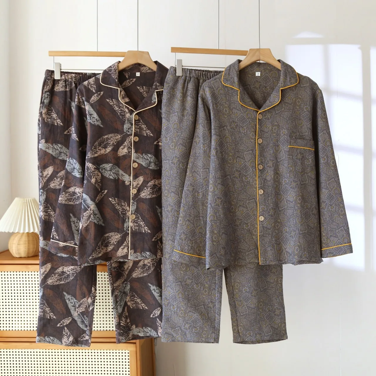 Spring Autumn Men Leaves Print Pajama Sets Male Cotton Sleepwear Suit Male Long Sleeve Turn-down Collar Shirt Pants Home Cloth