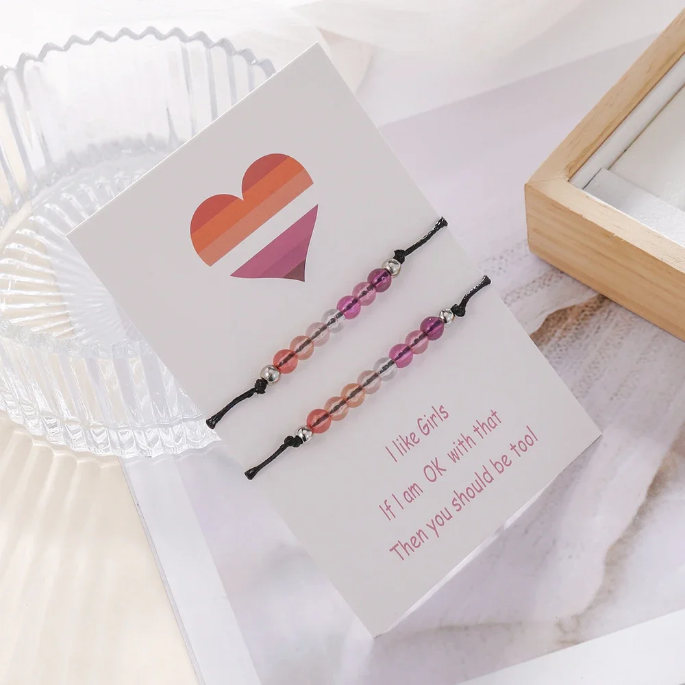 البوهيمي العصرية مطرز أساور ، قوس قزح الملونة الأرز الخرز ، مضفر ، قابل للتعديل ، زوجين ورقة بطاقة ، القلب المجوهرات ، 2 قطعة لكل مجموعة