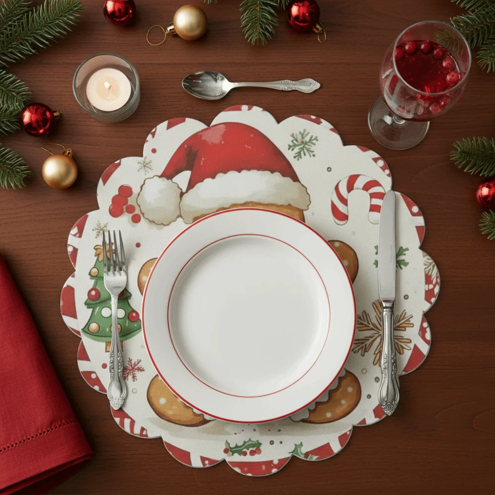 2Pcs New Round Christmas Placemats Polyester Non-Slip Christmas Table Mats Xmas Placemat for Dining Table