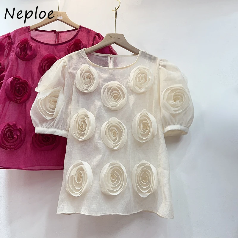 Neploe Fashion Vintage 3D Rose Lace Blouses Tops Y2k O-neck Puff Sleeve Shirts Women 2024 Summer New See Through Blusas Mujer