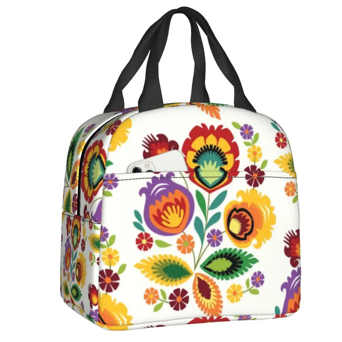 Fiambrera portátil de flores folclóricas polacas, bolsa de almuerzo con estampado Floral, nevera térmica para alimentos, bolsas de Picnic para mujeres y niños