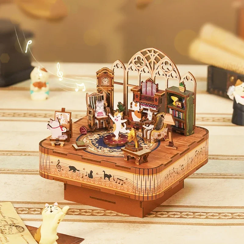 อะนิเมะ Kawaii การ์ตูนประกอบเพลงกล่อง Cat's Gathering Handmade DIY เพลงกล่องอาคารบล็อกเครื่องประดับสาวของขวัญวันเกิด