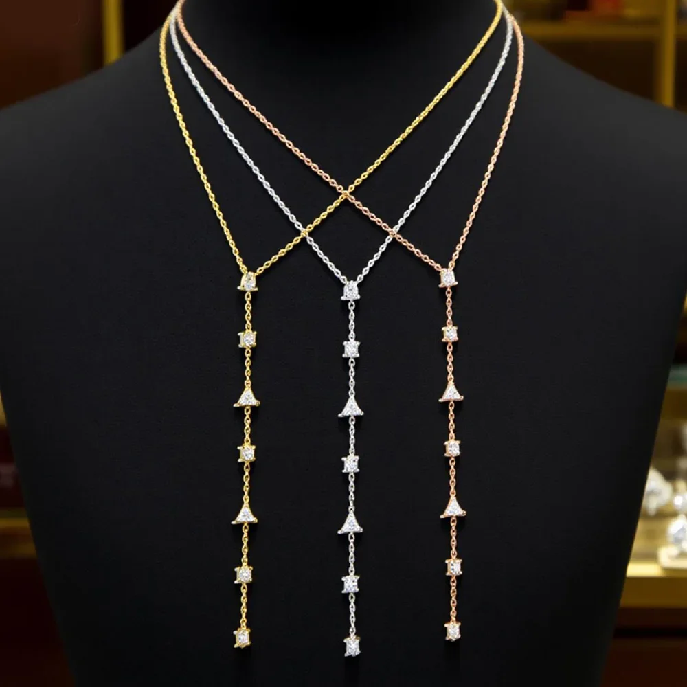 100% 925 Sterling Silver 3 Colors Geometric Various Shaped Bling CZ Stone Paved Sexy Long Y Lariat Necklace for Women 2025 New