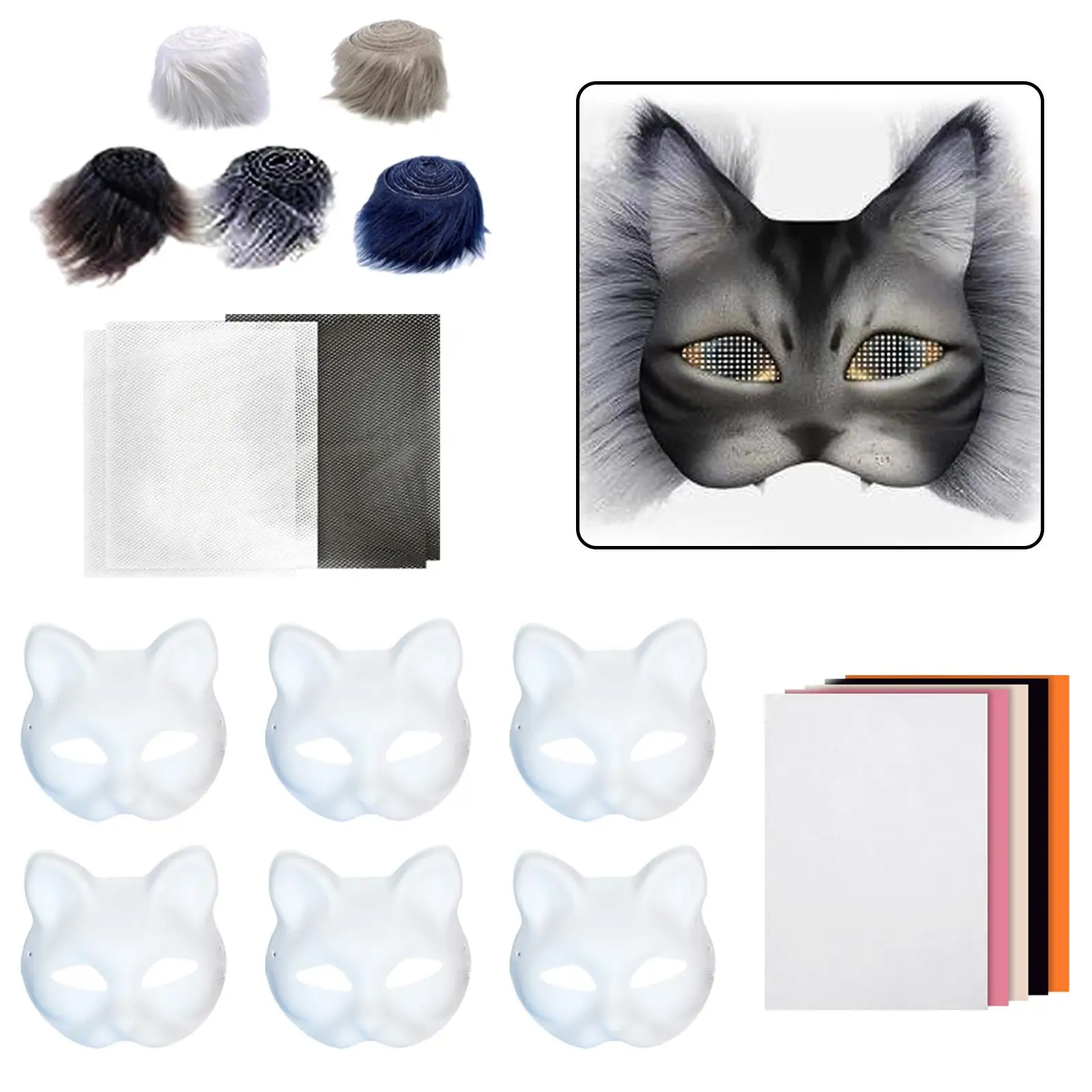 6x Cat Mask Kit DIY White Paper Mask Unpainted Animal Mask Blank Cat Mask, for