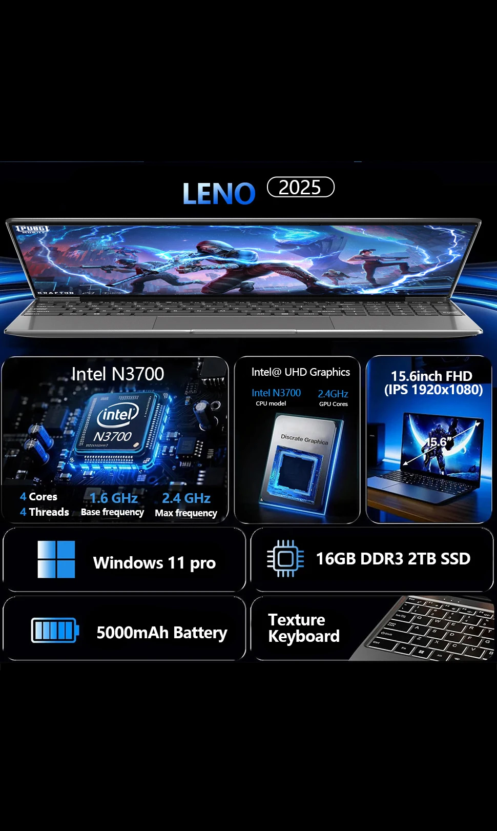 Intel N3700 15.6 Inch Ultra Slim Laptop 4 Core 4 Thread 1.6GHz 2.4GHz Turbo 16GB RAM 2TB SSD High Performance Notebook Gamer Pro