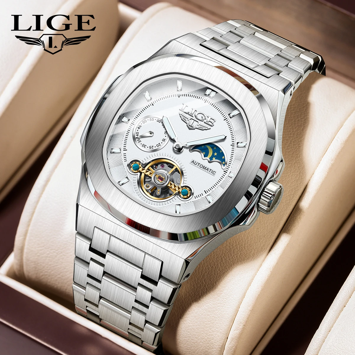 

Мужские наручные часы LIGE 2026, роскошные механические часы с подсветкой, фазами луны, водонепроницаемые, спортивные, модные мужские часы, reloj+BOX