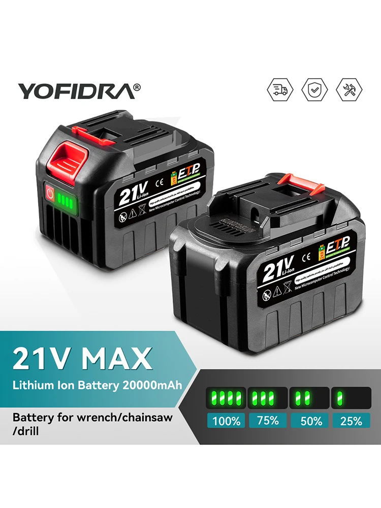 YOFIDRA 18-21V Wiederaufladbare Lithium-Batterie für Bürstenlose Kettensäge Bohrmaschine Elektrischer Schraubenschlüssel für Makita 21V 18V Akku