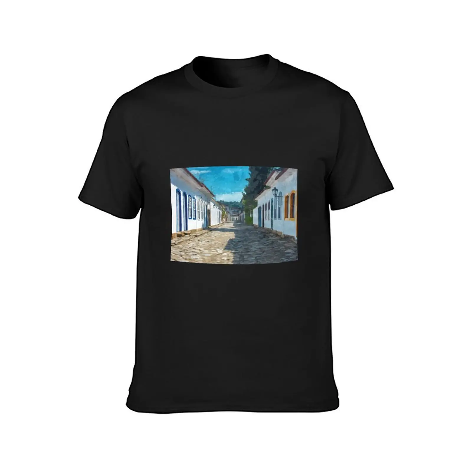 Harbor street at the world cultural heritage Paraty in Brazil in watercolor T-Shirt plain Men's t-shirt