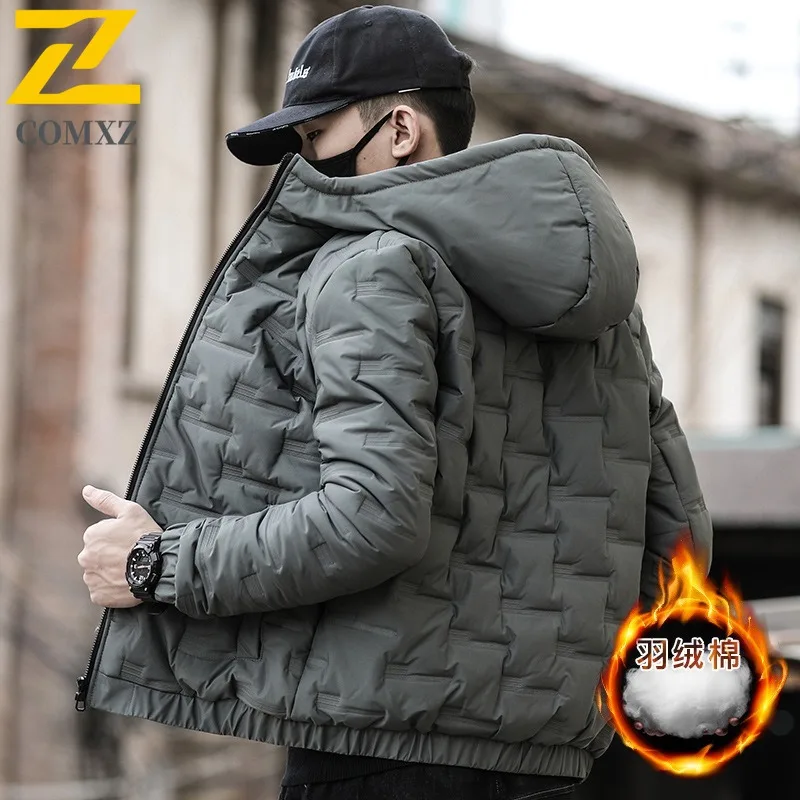 COMXZ 2025 Mens Korean Slim Hooded Thickened Cotton Winter Jacket Warm Tactics Waterproof and Windproof Outdoor Workweer Coat