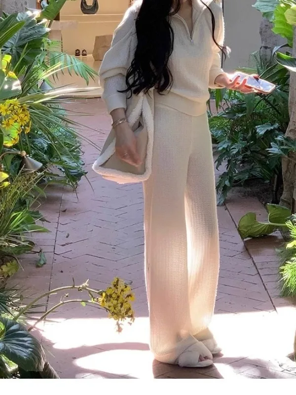 Slimming Wide Leg Pants Set High Waist Casual Sle f Zip Hooded Top Women's Faion Autumn Collection Two Piece Suit