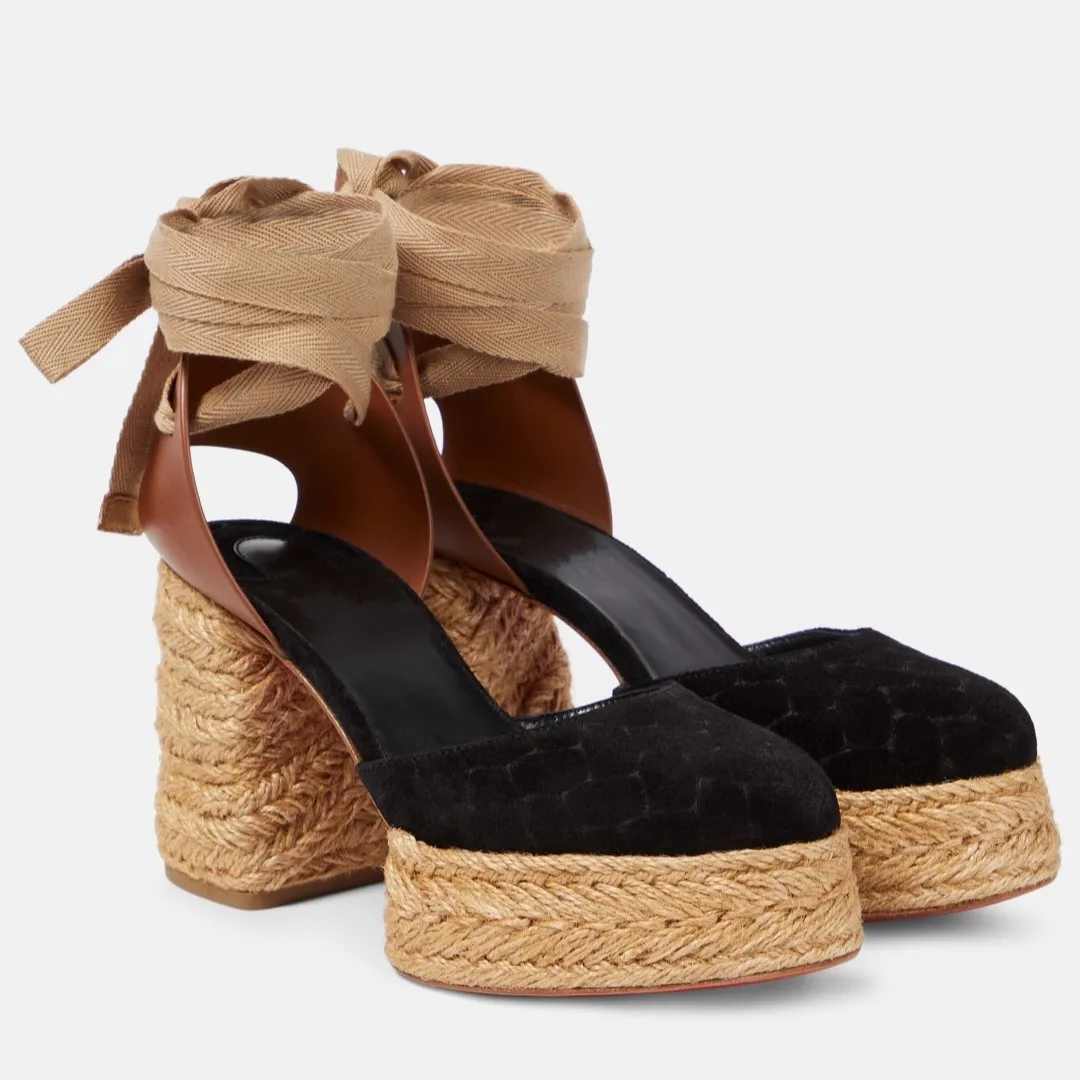 

Новые женские бархатные сандалии на высоком каблуке с красной подошвой и толстой подошвой, увеличенные бархатные женские сандалии с плетением травы из пеньковой веревки