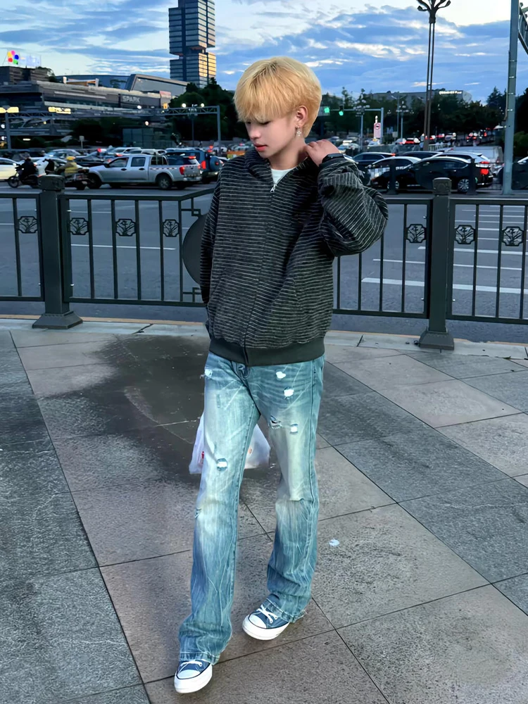 

Мужская свободная толстовка-кардиган с капюшоном на молнии в полоску, в американском ретро-стиле, удобная, с длинными рукавами