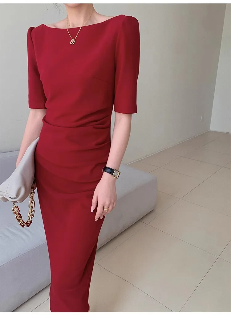 

French Elegant One Shoulder Dress Women Solid Slim Fit Waist Cinching Design Medium Sleeved Long Dresses Spring Summer New