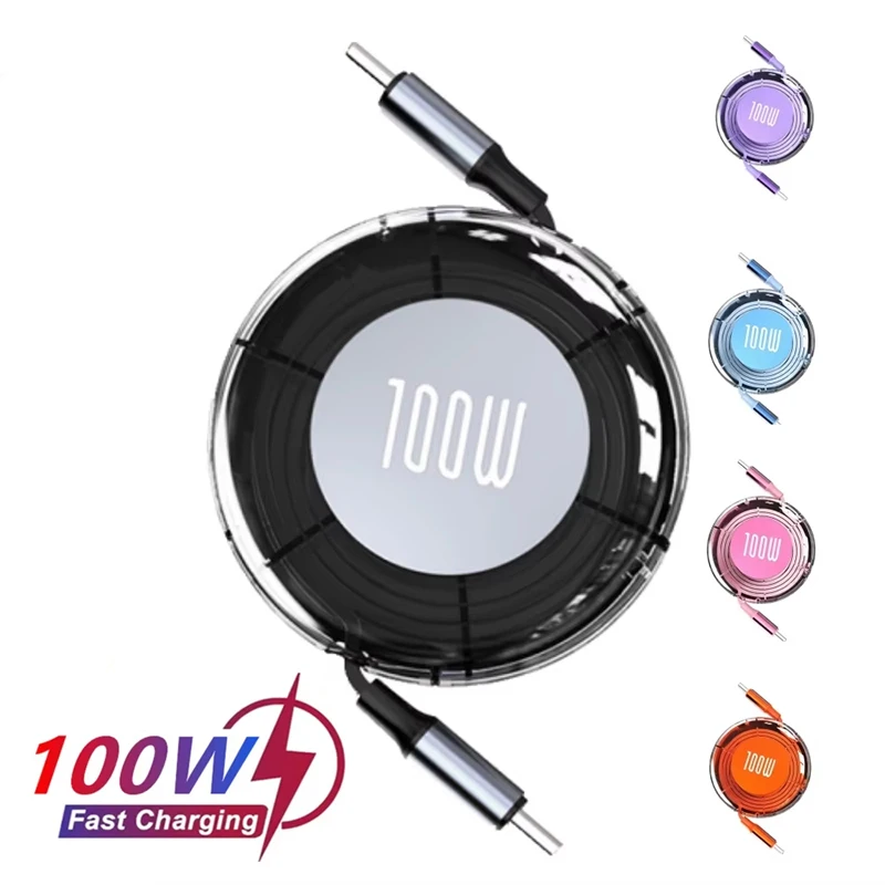 PD 100W USB Type C Cable Fast Charging USB C to USB C Mobile Phone Retractable Data Cable For iPhone Samsung Huawei Charger Cord