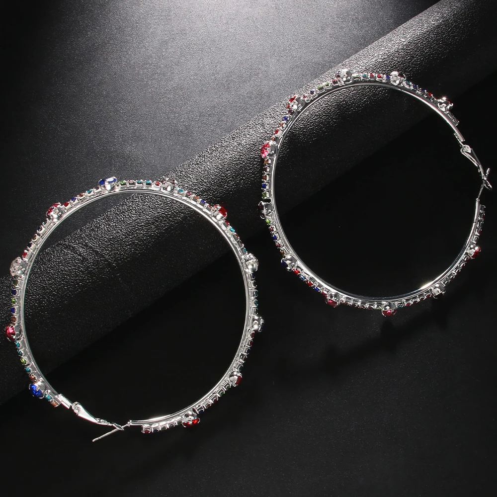 Colorful Rhinestone Hoop Earrings Large for Women Luxury Piercing BoBo Accessories Statement Crystal Earrings 2023 Trend Jewelry