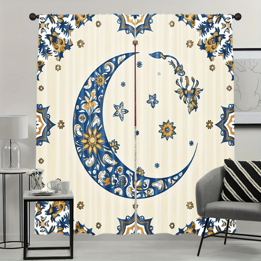 2PCS Digital Print Curtains, Blue Yellow Flower Moon, Vibrant Contrast Floral Lunar Decor Bright Celestial Nature Bedroom Drapes