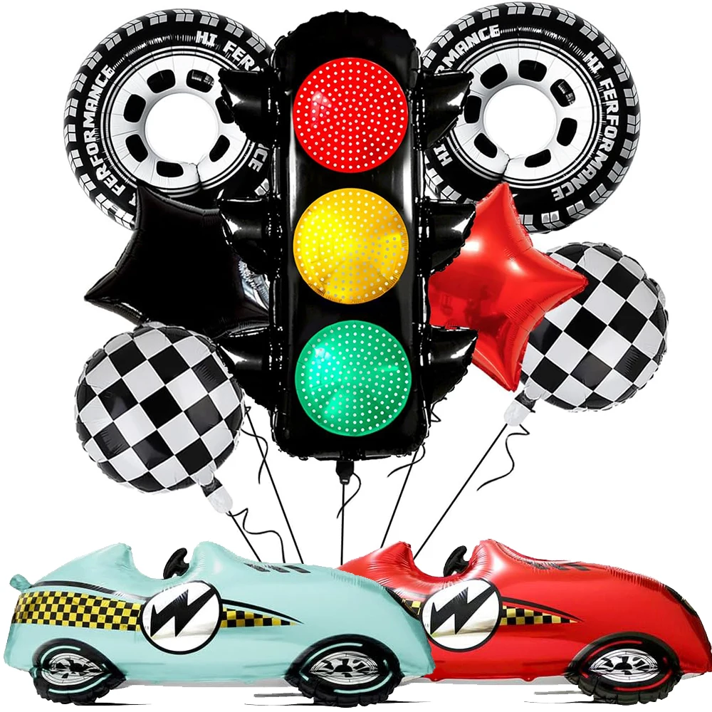 Décorations de fête de voiture de course, ballon de feu de circulation en aluminium, ballon de pneu à carreaux pour enfants garçons, voiture de course, deux fournitures de fête d'anniversaire rapides
