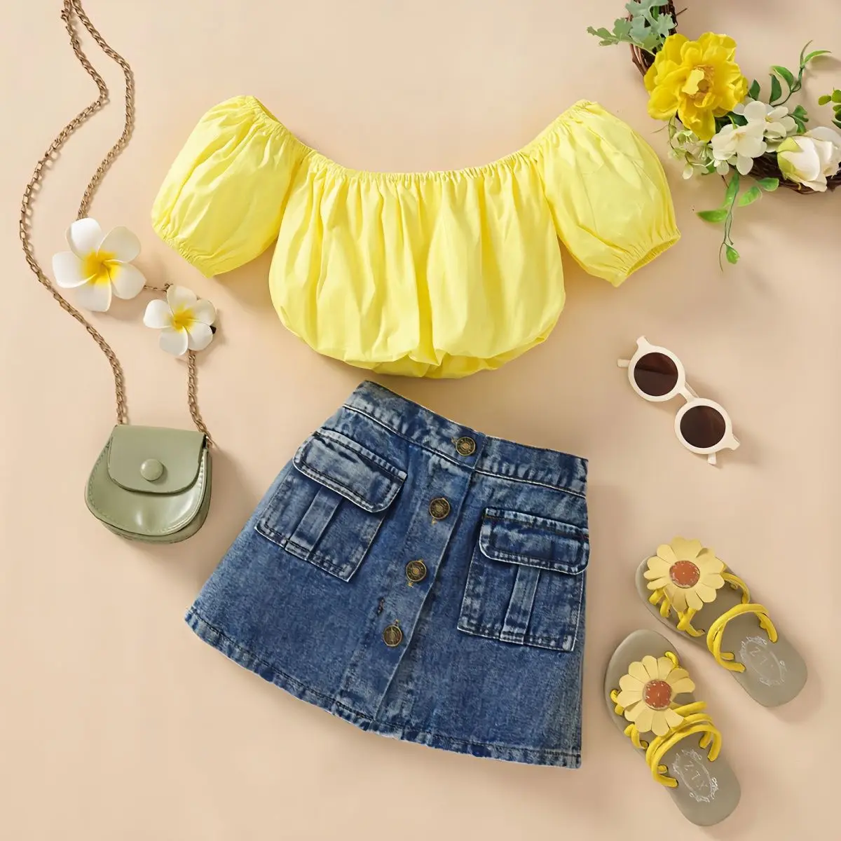 Girls' clothing set summer new children's casual short sleeved top+ripped short skirt pants two-piece set