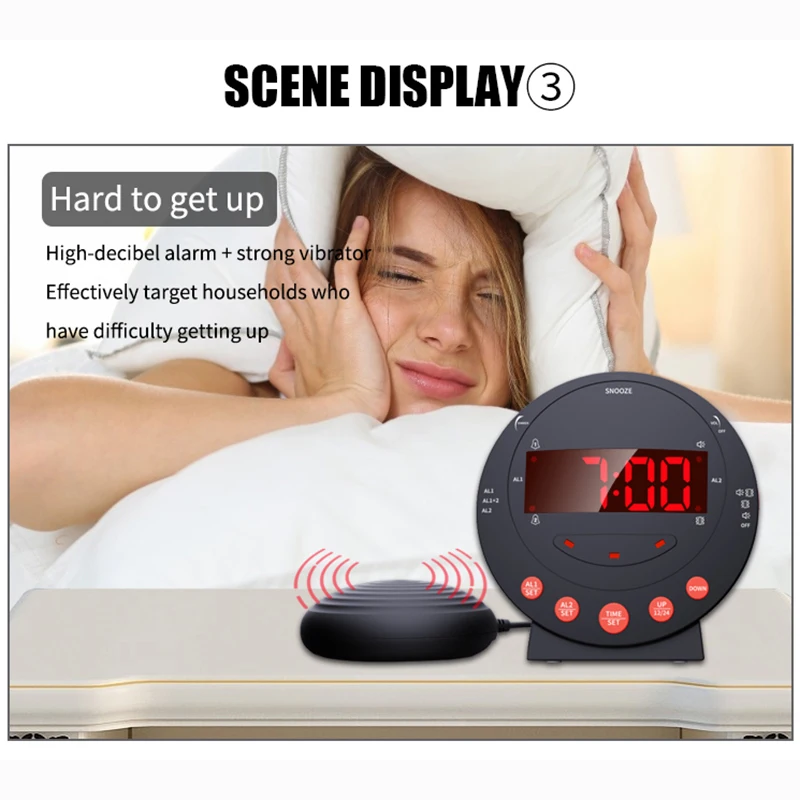 

Digital LED Alarm Clock for Deaf-mute People, Night Wake Up, Strong Vibration, Flash Light, Dual USB Charging