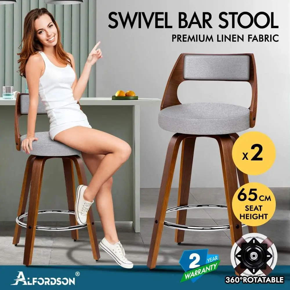 with Footrest and Adjustable Leg Levelers Home Bar Stools 2X Swivel Wooden Kitchen Stool 65cm Seat Height Leather Counter Stool - view 4