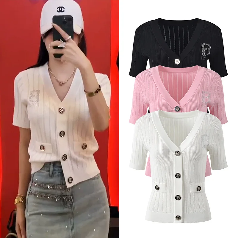 

Высококачественная версия, европейский дизайн, тяжелая вышивка, V-Ne, золотая пуговица, вязаный женский открытый кардиган, летний облегающий кардиган...