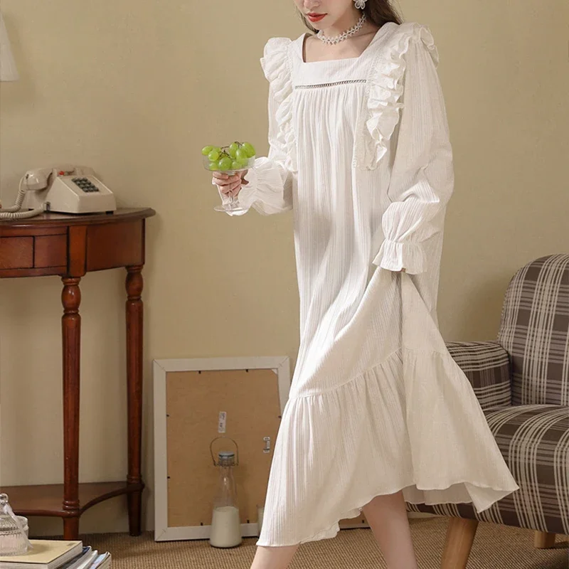 Long-sleeved Nightgown Women\'s 2024 Spring and Autumn Court Style Girls Cotton Pajamas White Loose Casual Night Dress for Women