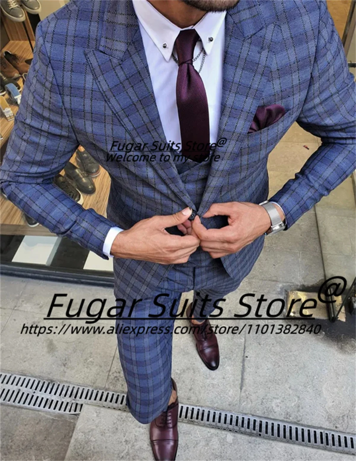 Casual Plaid Prom Suits For Men Slim Fit Peak Lapel Groom Party Tuxedos 3 Pieces Sets High-qublity Male Blazers Costume Homme