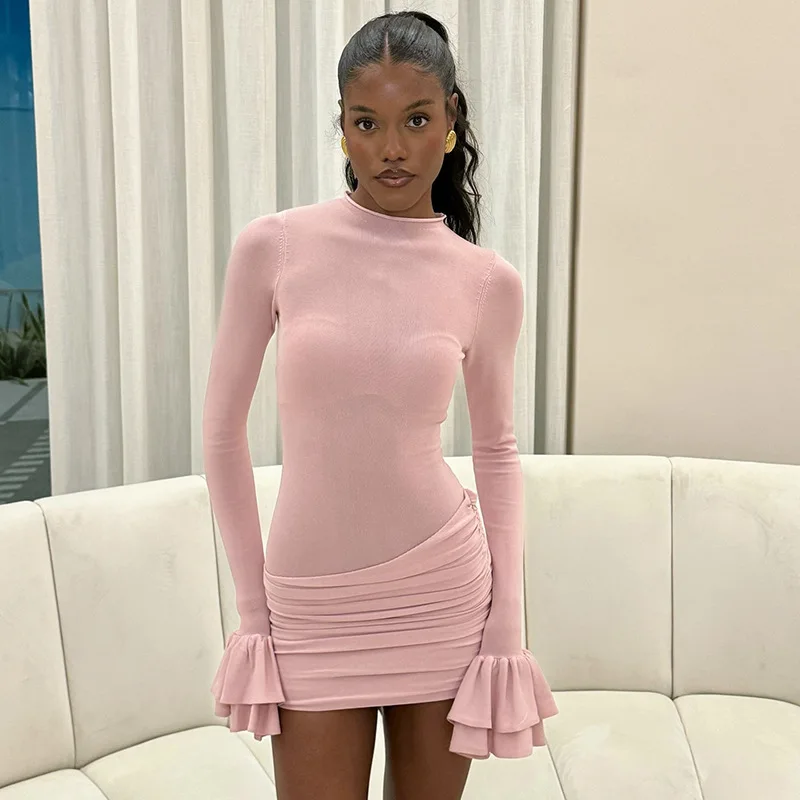 

European and American Women's 2024 Autumn Solid Color Long-sleeved High Waist dress Slim-fit Pleated Sexy Sheath Skirt