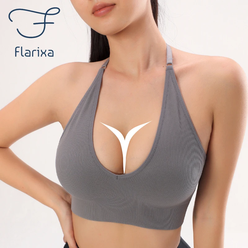 Flarixa Halter Sports Bra Women Seamless Padded Activewear Bra Fitness Yoga Top Bralette Back Invisible Gym Workout Underwear