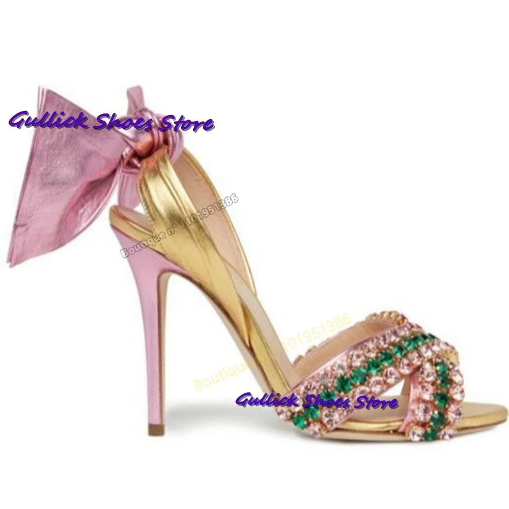 Chic Bowknot Shiny Rhinestones Sandals Open Toe Stiletto High Heel Summer Sweetbaby Slip On Women Dress Dating Shoes