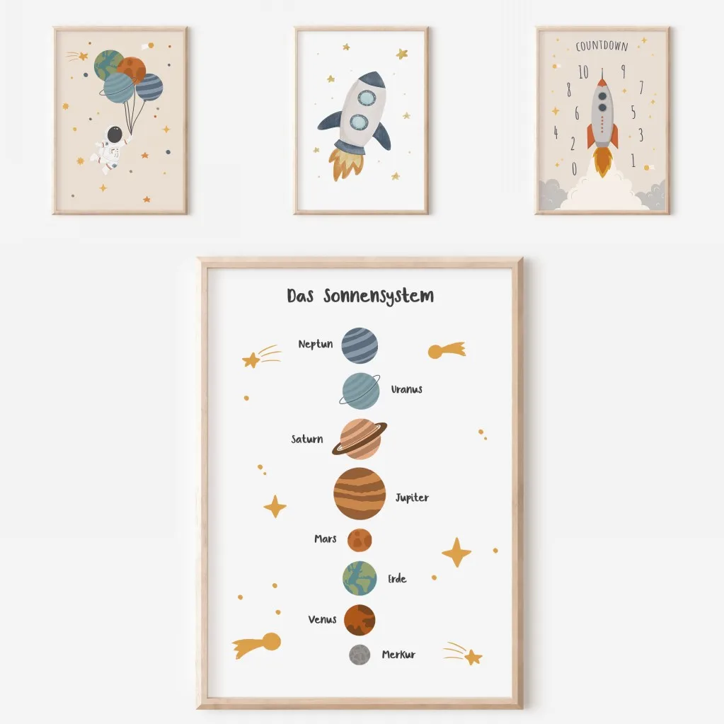 1PC frameless decorative art print,Minimalist Color Wall Art Solar System Rocket Astronaut Poster Geometry Print Preschool Educa