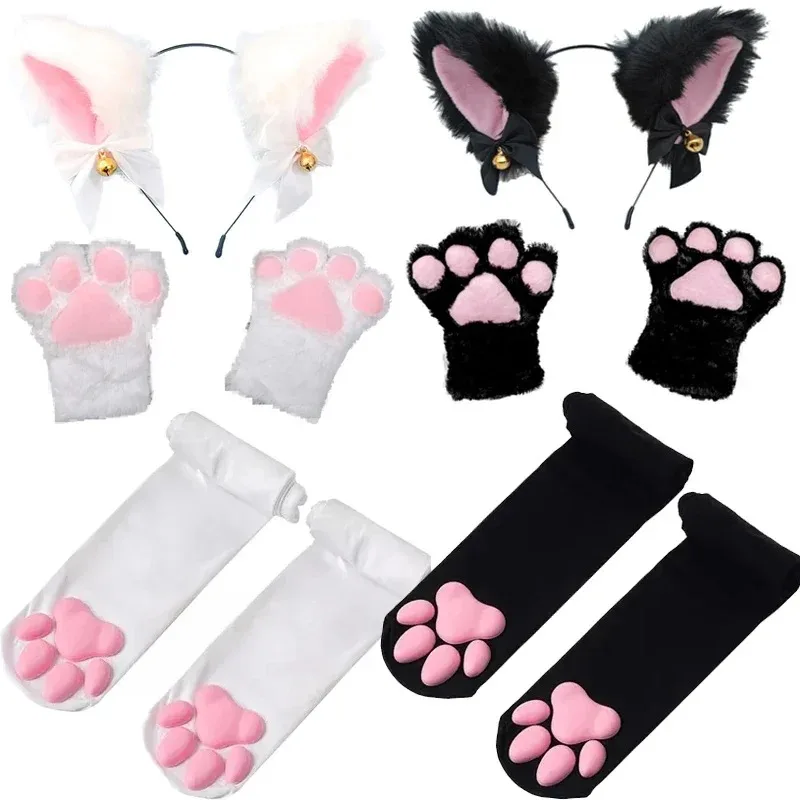 5pcs/set Lovely Cat Ear Hairband Claw Gloves Girls Anime Cosplay Costume Plush Cat Fur Ear Stocking Night Party Club Headbands