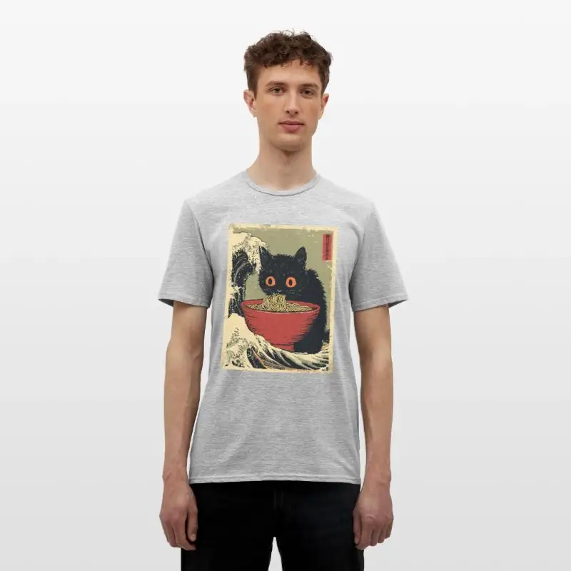 Cute Cat Ramen Japanese Retro Style Men's T-shirt Made of Pure Cotton, Casual and Loose Fit