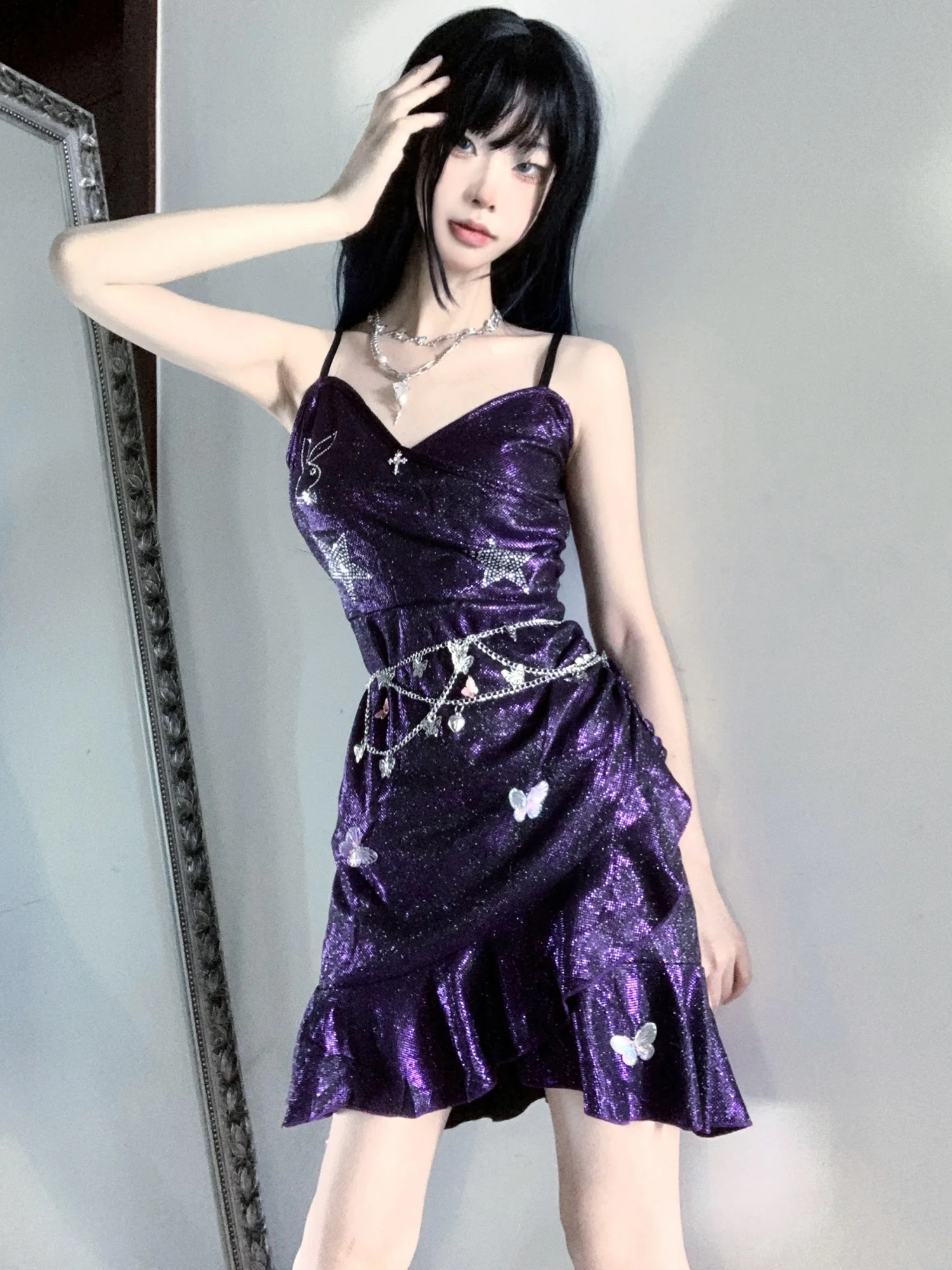 Butterfly Starry Sky Purple Showa Princess Girl Dress Handmade Ultra Exquisite Small Dress Strap Skirt