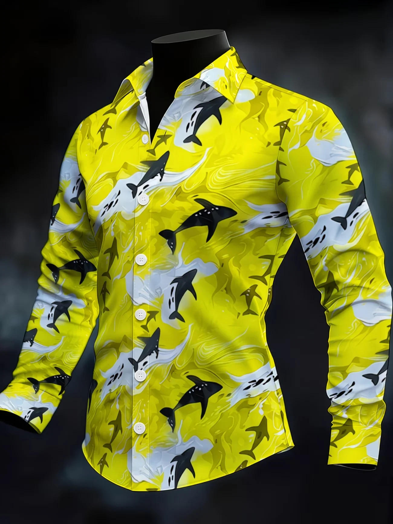 New red blue contrasting fluid art gold powder print men's long sleeved shirt slim fit business casual floral shirt
