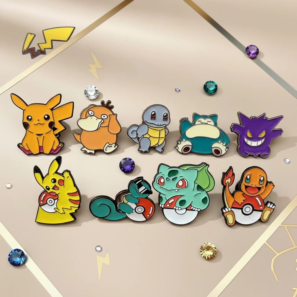 

9pcs Pokemon Anime Enamel Pins Set - Pikachu Charmander Squirtle Bulbasaur Gengar, Metal Brooch Badges for Kids Cosplay Party