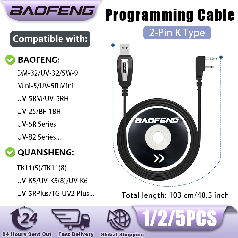 Baofeng USB Programming Cable 2 Pin K Type with Driver CD For DM-32 UV-32 MINI-5 Quansheng UV-K6 5R PLUS Walkie Talkie Accessory