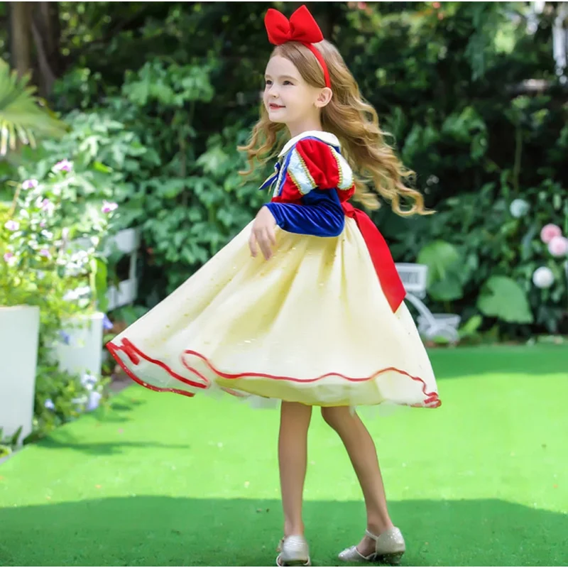 Snow White Costume For Kids Carnival Party Cosplay Outfits Girl Princess Role Playing Frocks Long Sleeve Mesh Prom Dress