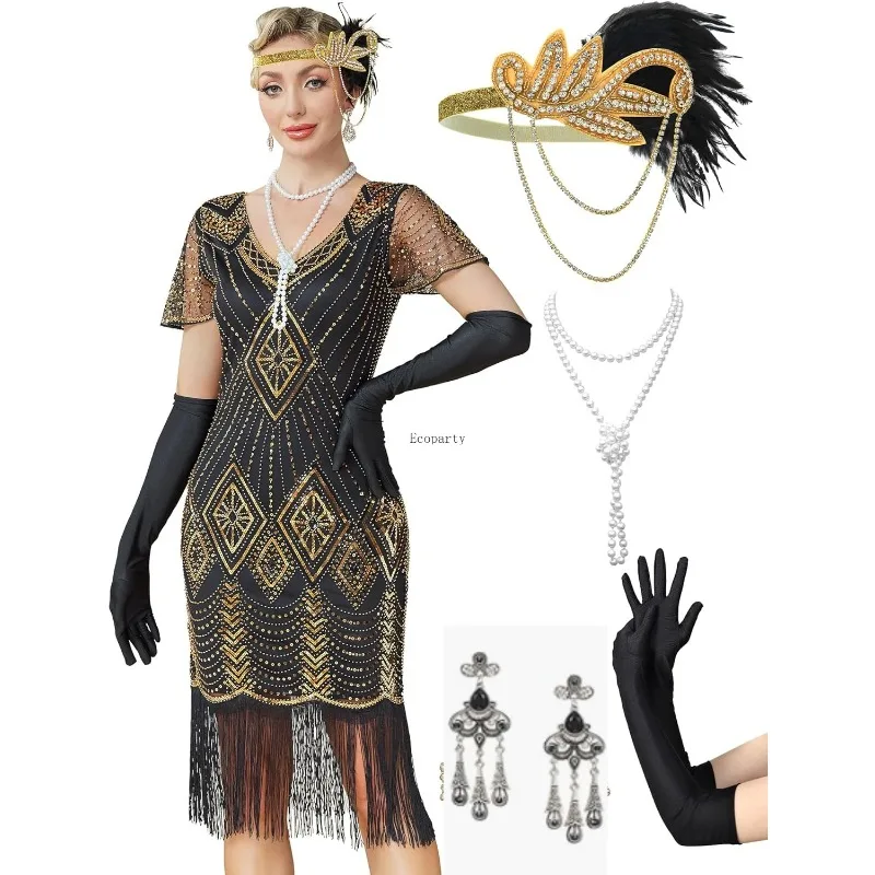 

Платья в стиле 20-х годов для женщин, платья в стиле Великого Гэтсби, костюм в стиле бурных 20-х с прозрачными рукавами, украшенными бисером, с аксессуарами.